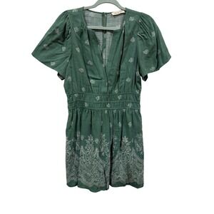 Doe and Rae Green Floral Paisley Smocked Waist Romper Small V-Neck Short Sleeve